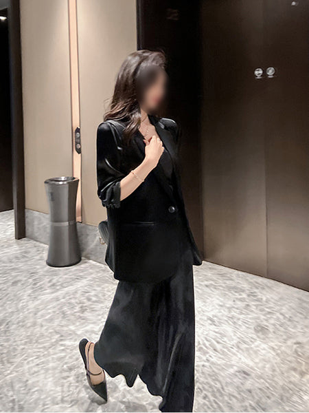 Women's Slim Fit Satin Solid Color Suit Collar Three-Quarter Sleeve One Button Jacket for Summer Office