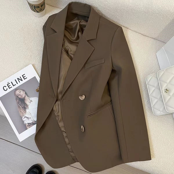 Women's Brown Blazer, Lapel Collar, Long Sleeves and Relaxed Shape