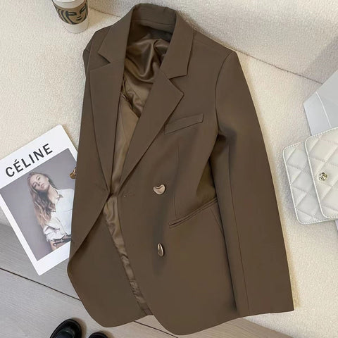 Women's Brown Blazer, Lapel Collar, Long Sleeves and Relaxed Shape