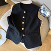 Women's Regular Fit Round Neck Polyester Vest with Single Row Multiple Buckle Closure and Pocket for Spring in Sophisticated Style