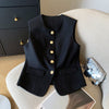 Women's Regular Fit Round Neck Polyester Vest with Single Row Multiple Buckle Closure and Pocket for Spring in Sophisticated Style