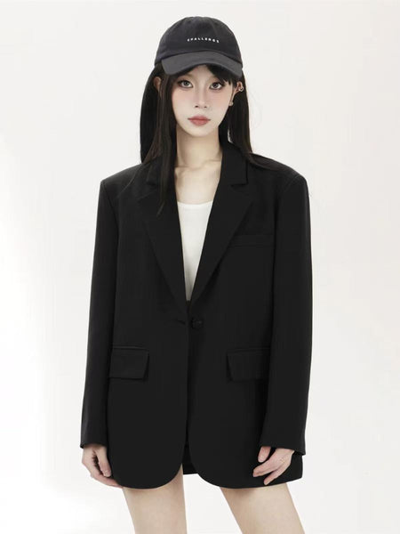 Women's Loose Fit One Button Suit Collar Long Sleeve Casual Jacket for Spring Fall in Black Gray