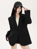 Women's Loose Fit One Button Suit Collar Long Sleeve Casual Jacket for Spring Fall in Black Gray
