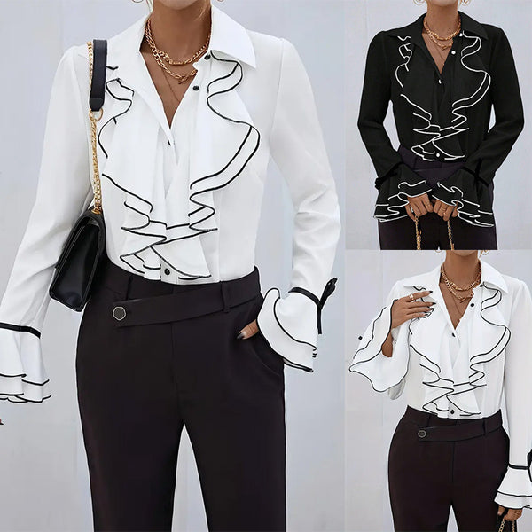 Women's Routine Fit Single Breasted Polyester Solid Color Shirt Collar Long Sleeve Ruffle Basic Blazer for Spring in White Black