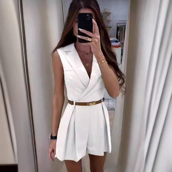 Women's Sleeveless V-Neck Polyester Blazer with Zipper Detail Pastoral Style for Spring in Slim Fit