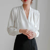 Women's Slim Fit Satin Solid Color V-Neck Long Sleeve Pullover Blazer with Button for Work Office in White