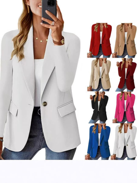 Women's Single-Button Blazer, Lapel Collar, Long Sleeves and Hip-Length Cut