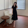 Women's Suit Collar Short Sleeve Pullover Polyester Solid Color Contrast Suit Style Pleated Midi Dress for Spring in Black Apricot
