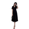 Women's Suit Collar Short Sleeve Pullover Polyester Solid Color Contrast Suit Style Pleated Midi Dress for Spring in Black Apricot