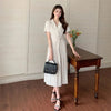 Women's Suit Collar Short Sleeve Pullover Polyester Solid Color Contrast Suit Style Pleated Midi Dress for Spring in Black Apricot