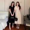 Women's Suit Collar Short Sleeve Pullover Polyester Solid Color Contrast Suit Style Pleated Midi Dress for Spring in Black Apricot
