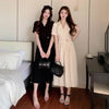 Women's Suit Collar Short Sleeve Pullover Polyester Solid Color Contrast Suit Style Pleated Midi Dress for Spring in Black Apricot