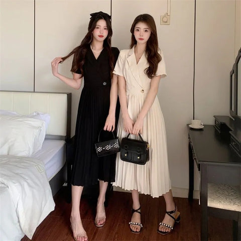 Women's Suit Collar Short Sleeve Pullover Polyester Solid Color Contrast Suit Style Pleated Midi Dress for Spring in Black Apricot