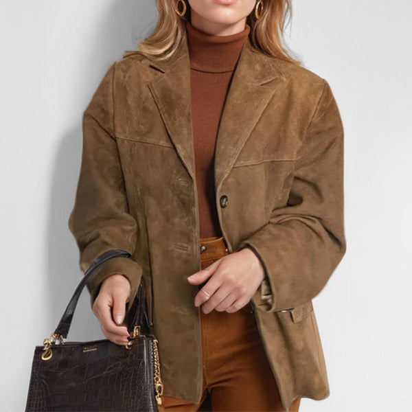 Women's Routine Fit Autumn Polyester Solid Color Lapel Single Breasted Long Sleeve Blazer with Buttons for Office in Brown Black Apricot