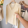 Women's Routine Fit Wool Blend Solid Color V-Neck Long Sleeve Button Cardigan for Spring Fall in White Black Pink Apricot