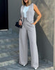 Women's Sleeveless Solid Color Polyester British Style Wide Leg Pants Casual Suit for Autumn in White