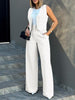 Women's Sleeveless Solid Color Polyester British Style Wide Leg Pants Casual Suit for Autumn in White