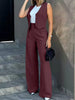 Women's Sleeveless Solid Color Polyester British Style Wide Leg Pants Casual Suit for Autumn in White