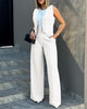 Women's Sleeveless Solid Color Polyester British Style Wide Leg Pants Casual Suit for Autumn in White