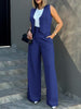 Women's Sleeveless Solid Color Polyester British Style Wide Leg Pants Casual Suit for Autumn in White