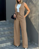 Women's Sleeveless Solid Color Polyester British Style Wide Leg Pants Casual Suit for Autumn in White