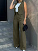 Women's Sleeveless Solid Color Polyester British Style Wide Leg Pants Casual Suit for Autumn in White