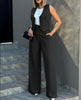 Women's Sleeveless Solid Color Polyester British Style Wide Leg Pants Casual Suit for Autumn in White