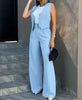 Women's Sleeveless Solid Color Polyester British Style Wide Leg Pants Casual Suit for Autumn in White