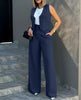 Women's Sleeveless Solid Color Polyester British Style Wide Leg Pants Casual Suit for Autumn in White