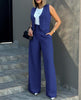 Women's Sleeveless Solid Color Polyester British Style Wide Leg Pants Casual Suit for Autumn in White