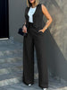 Women's Sleeveless Solid Color Polyester British Style Wide Leg Pants Casual Suit for Autumn in White