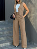 Women's Sleeveless Solid Color Polyester British Style Wide Leg Pants Casual Suit for Autumn in White
