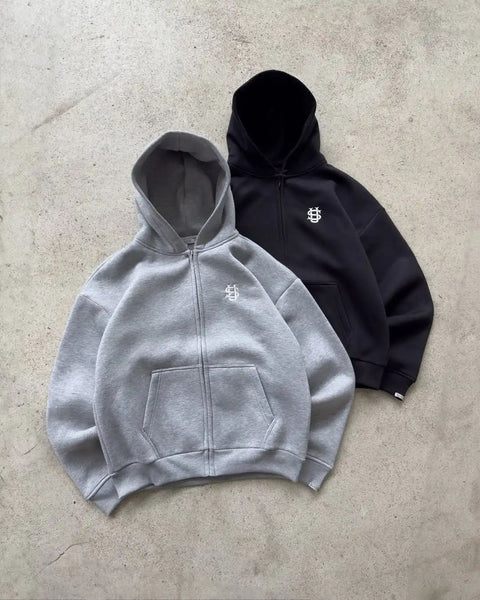 Women's Loose Fit Hooded Long Sleeve Zipper Viscose Letter Print Casual Cardigan for Spring Streetwear in Grey Black