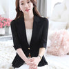 Women's Slim Fit Autumn Polyester Solid Color Polo Collar One Button Sophisticated Style Jacket in White Blue
