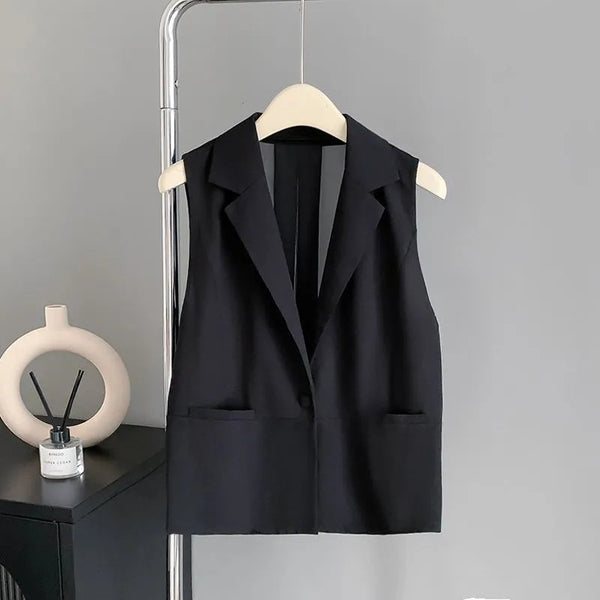Women's A-Shaped Sleeveless Sheep Wool Solid Color Suit Collar One Button Vest for Spring Summer Wear in Black White