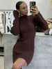 Women's Ribbed Knit Mini Dress, High Neck, Long Sleeves and Fitted Shape