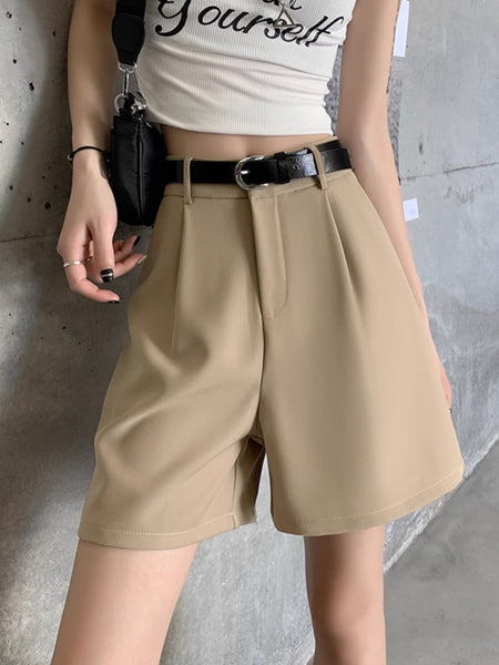 Women's Simple Ice Silk Slim Fit High Waist A-Line Casual Shorts for Spring Summer Sophisticated Style in Khaki Black White