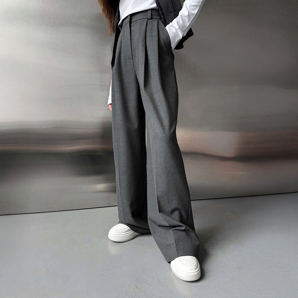 Women's Casual Polyester Solid Color Straight Leg Loose Fit Wide Leg Suit Pants for Spring Fall in Black Grey