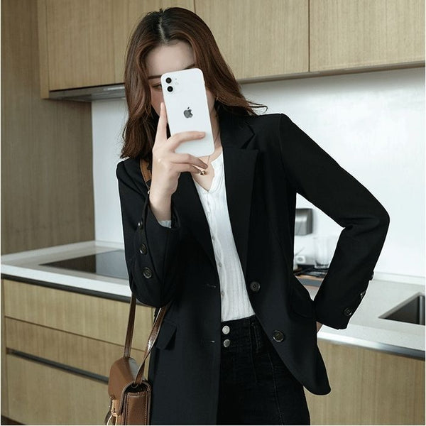 Women's Loose Fit Spring Polyester Solid Color Suit Collar Long Sleeve Casual Blazer Jacket with Single Row Two Buttons in Black Khaki