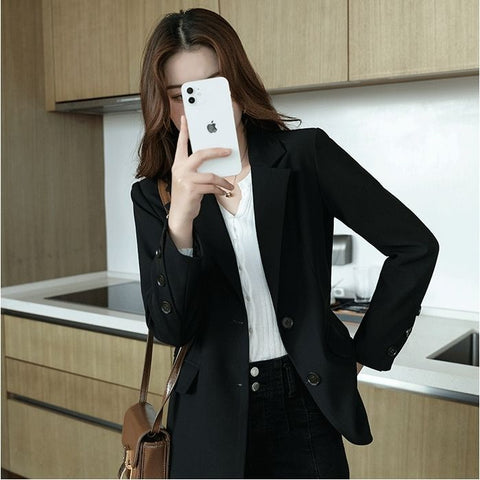 Women's Loose Fit Spring Polyester Solid Color Suit Collar Long Sleeve Casual Blazer Jacket with Single Row Two Buttons in Black Khaki