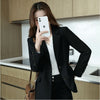 Women's Loose Fit Spring Polyester Solid Color Suit Collar Long Sleeve Casual Blazer Jacket with Single Row Two Buttons in Black Khaki