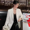 Women's Loose Fit Satin Figure Pattern Suit Collar One Button Long Sleeve Jacket with 3D Pattern for Office in Champagne White Black
