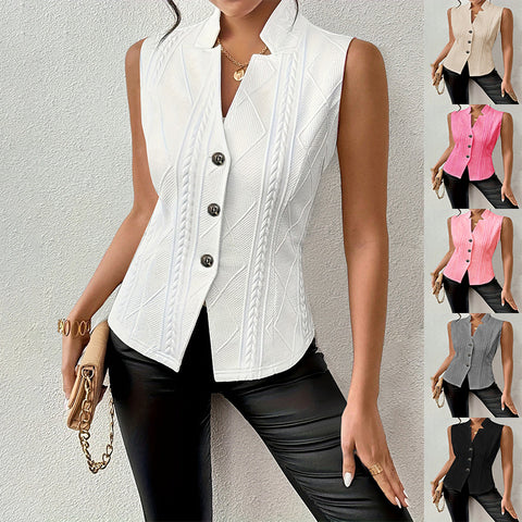 Women's Slim Fit Spring Polyester Solid Color V-Neck Sleeveless Three Button Single Breasted Cardigan Style Vest for Commute in White