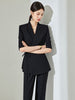 Women's Polyester Lace Up Five-Quarter Sleeves Two Piece Blazer and Micro Flare Pants Set for Summer in Black