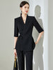 Women's Polyester Lace Up Five-Quarter Sleeves Two Piece Blazer and Micro Flare Pants Set for Summer in Black