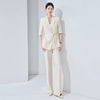 Women's Polyester Lace Up Five-Quarter Sleeves Two Piece Blazer and Micro Flare Pants Set for Summer in Black