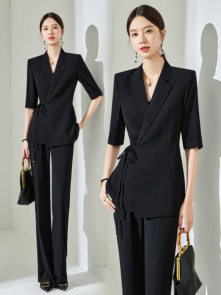 Women's Polyester Lace Up Five-Quarter Sleeves Two Piece Blazer and Micro Flare Pants Set for Summer in Black