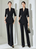 Women's Polyester Lace Up Five-Quarter Sleeves Two Piece Blazer and Micro Flare Pants Set for Summer in Black