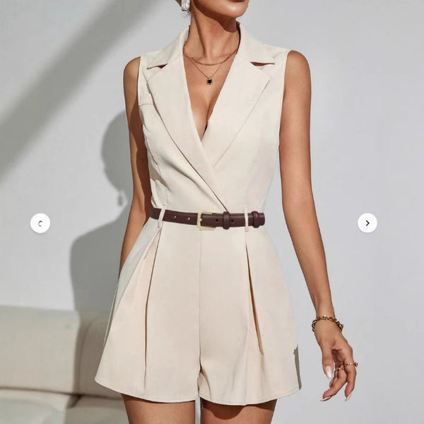 Women's Sleeveless Polyester Belted Office Blazer for Spring Work Office in Black