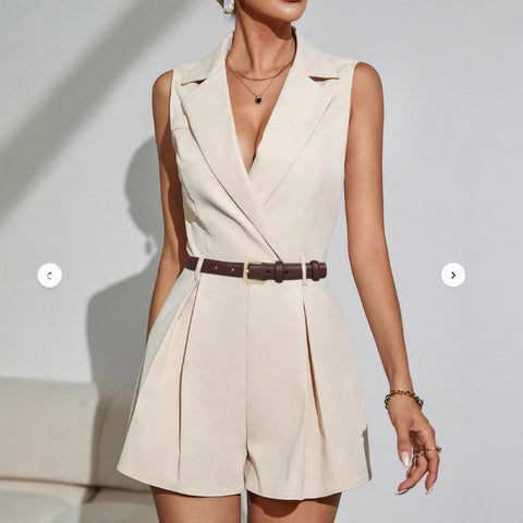 Women's Sleeveless Polyester Belted Office Blazer for Spring Work Office in Black